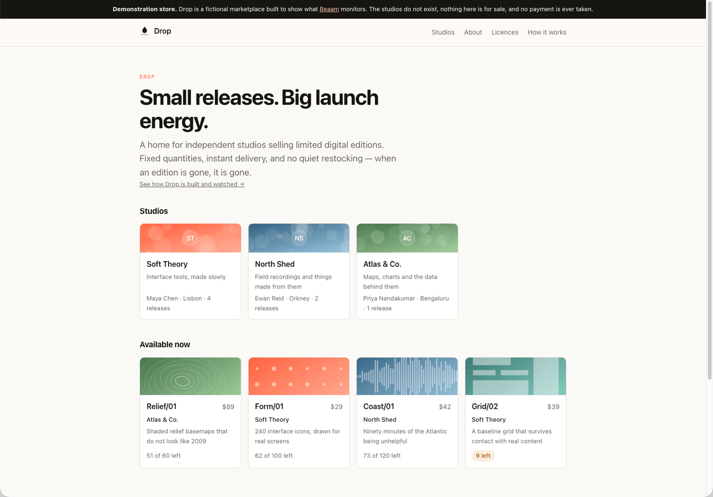 The demonstration store, not a customer storefront: three studios and four limited releases, including Form/01 at $29, 38 of 100 sold.